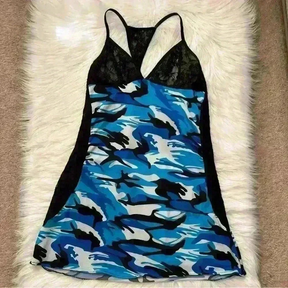 Virgo Blue Camo and Sheer Lace Lingerie Babydoll Slip Dress Large - Picture 2 of 6
